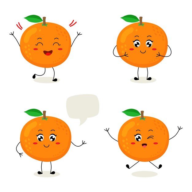 Conjunto de personaje de fruta naranja de dibujos animados lindo en diferentes poses y emociones