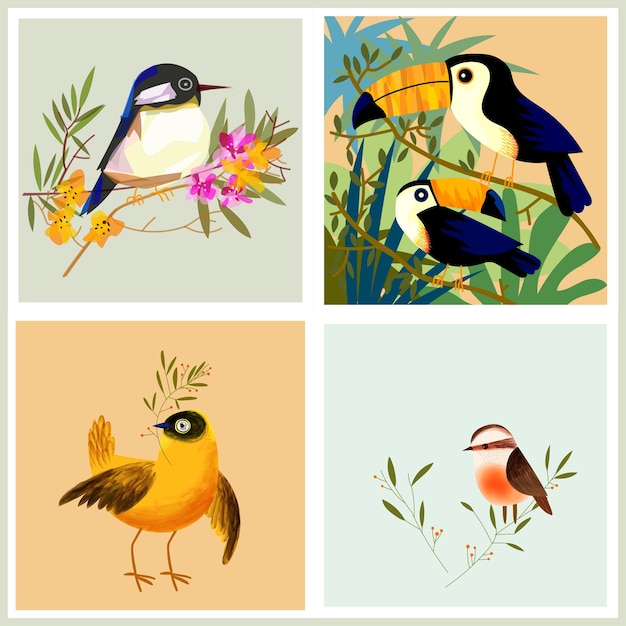 Vector conjunto de personaje de icono de aves de dibujos animados colección de animales de vector plano colorido