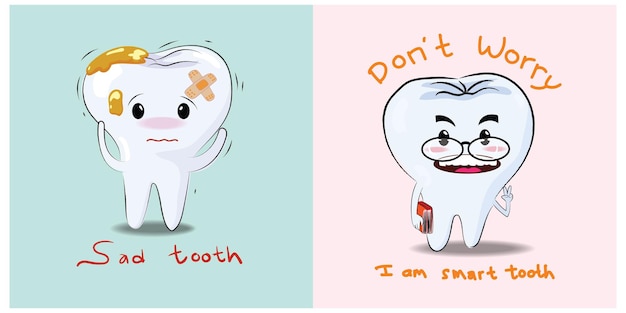 Conjunto de personaje de icono de dibujos animados de dientes feliz saludable en ilustración de vector de diseño plano Elemento dental