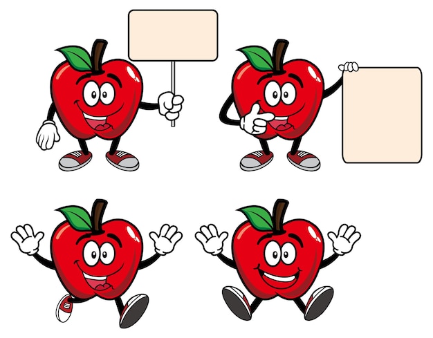 Conjunto de personaje de mascota de dibujos animados de manzana sonriente de colección