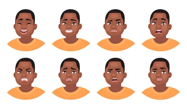 Conjunto de personaje masculino de diferentes emociones. emoji de hombre afroamericano con diversas expresiones faciales. en estilo de dibujos animados