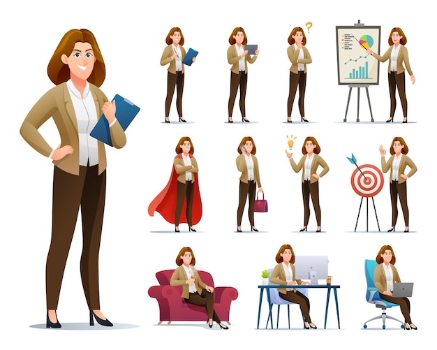 Conjunto de personaje de mujer de negocios con diferentes poses y situaciones ilustración de dibujos animados