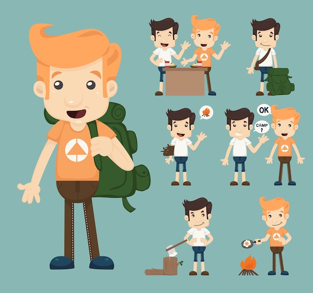Conjunto de personaje de niño de camping