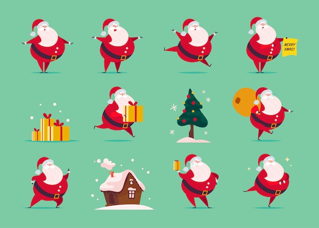 Conjunto de personaje plano divertido de Santa Claus aislado sobre fondo verde - soporte, bolsa de regalos, sostener la caja de regalo, saltar, caminar, sonreír. Abeto, casa de pan de jengibre. Tarjeta, banner, web, animación, etc.