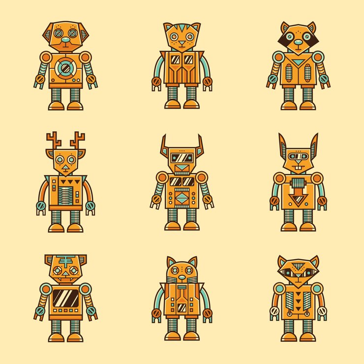 Vector conjunto de personaje robot animal retro