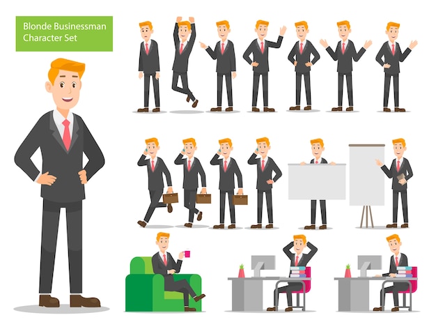 Vector conjunto de personaje rubio empresario con diferentes poses