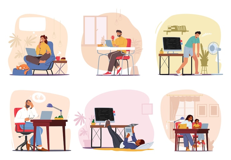 Vector conjunto de personajes absortos en sus computadoras personas inmersas en el mundo digital hombres y mujeres escribiendo mirando pantallas escenas modernas de productividad y conectividad ilustración de vectores de dibujos animados
