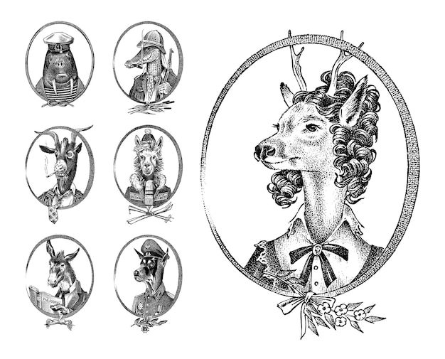 Conjunto de personajes animales Dama ciervo Morsa Cocodrilo Cabra fumadora Perro Burro Alpaca Llama esquiador Retrato dibujado a mano Boceto monocromo grabado para etiqueta de tarjeta o tatuaje Hipster Antropomorfismo