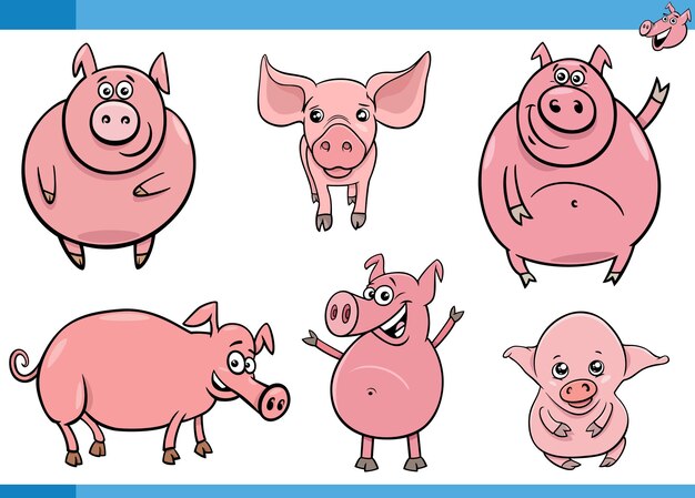 Conjunto de personajes de animales de granja de cerdos de dibujos animados lindo