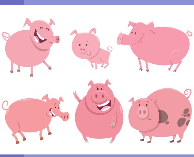 Conjunto de personajes de animales de granja de cerdos divertidos de dibujos animados