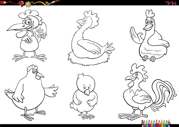 Conjunto de personajes de animales de granja de pollos de dibujos animados para colorear página