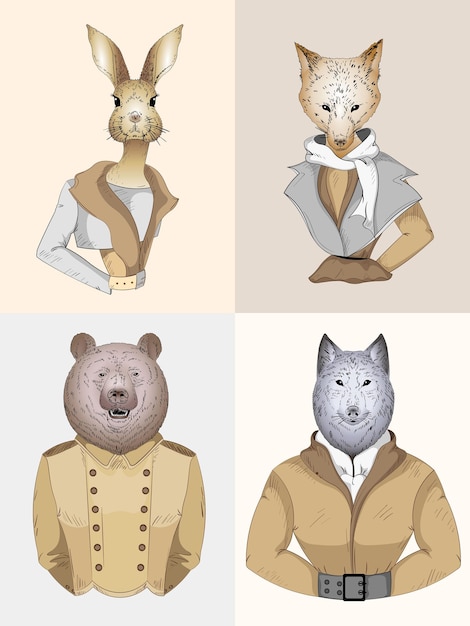 Conjunto de personajes de animales oso conejo lobo zorro retrato dibujado a mano grabado monocromo boceto para tarjeta l ...