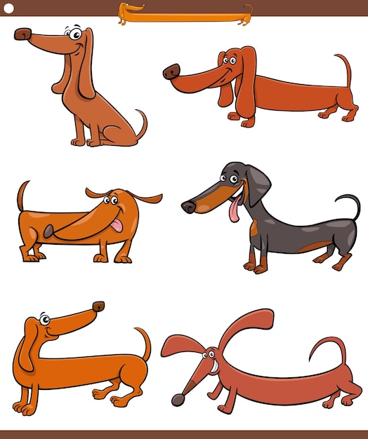 Conjunto de personajes de animales de perros de pura raza de dibujos animados dachshunds