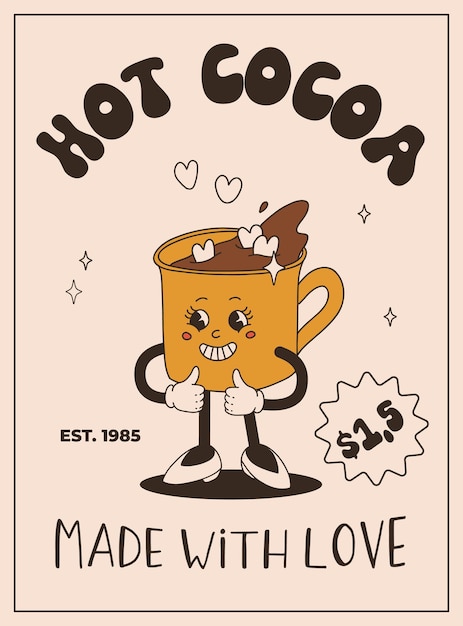 Conjunto de personajes antiguos del Día de San Valentín Feliz y alegre retro Animación antigua de los años 50, 60, 70, personajes de dibujos animados maravillosos de café y dulces donut cupcake espresso latte pastel de cacao presente