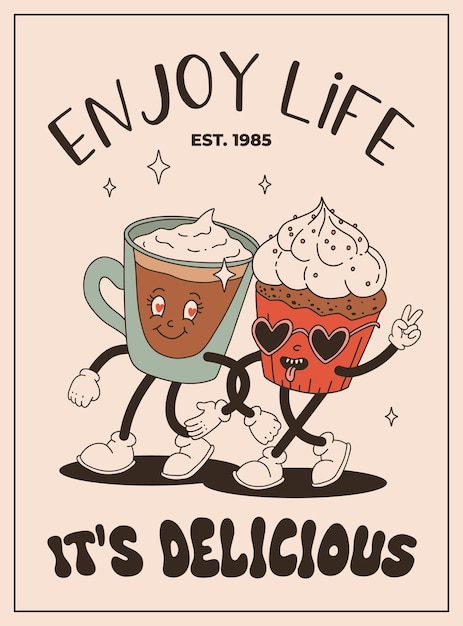 Conjunto de personajes antiguos del Día de San Valentín Feliz y alegre retro Animación antigua de los años 50, 60, 70, personajes de dibujos animados maravillosos de café y dulces donut cupcake espresso latte pastel de cacao presente