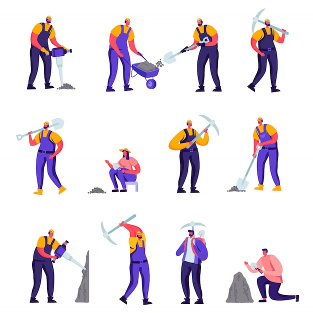 Conjunto de personajes arqueólogos planos y trabajadores de reparación de carreteras