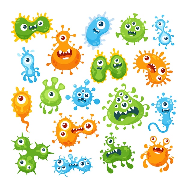 Conjunto de personajes de bacterias y gérmenes de virus de dibujos animados con caras graciosas monstruos de microbios patógenos sonrientes con ojos grandes
