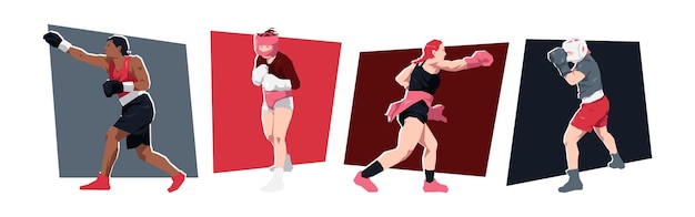 Conjunto de personajes de boxeadoras y atletas de boxeo de fondo aislado Ilustración vectorial plana