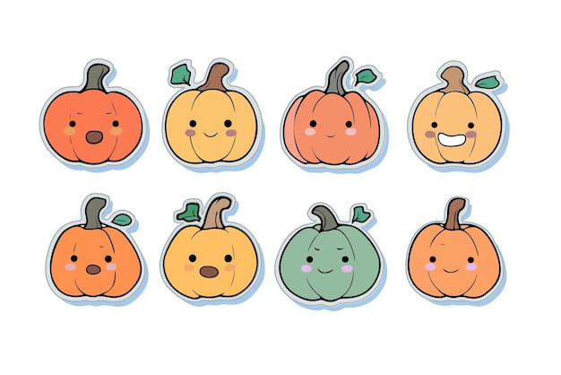 Conjunto de personajes de calabaza divertido estilo de dibujos animados bonito dibujo diferentes expresiones faciales feliz otoño