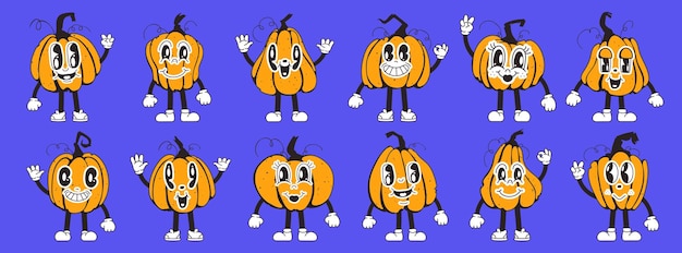 Vector conjunto de personajes de calabaza naranja en estilo de dibujos animados retro personajes de calabaza en estilo de los años 90 colección de calabaza de acción de gracias de otoño y halloween