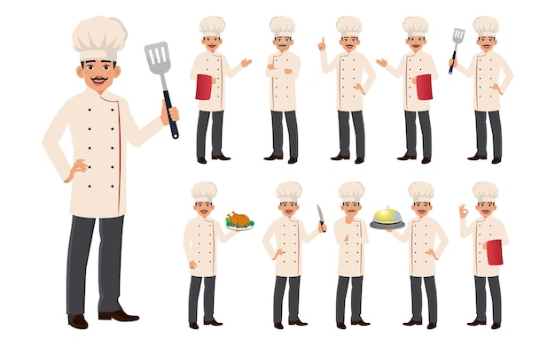 Conjunto de personajes de chef en diferentes poses.