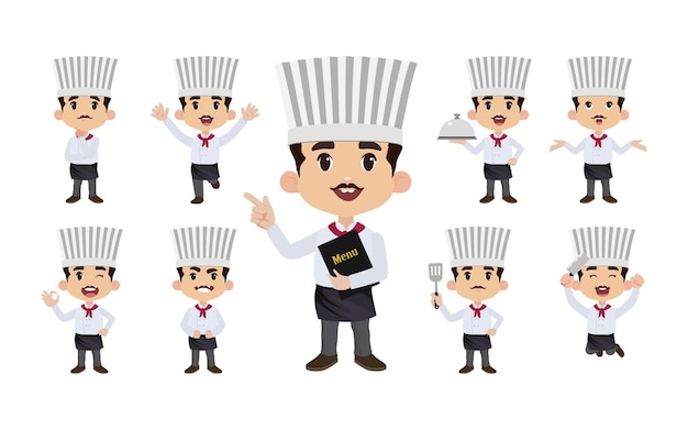 Conjunto de personajes de chef en diferentes poses.