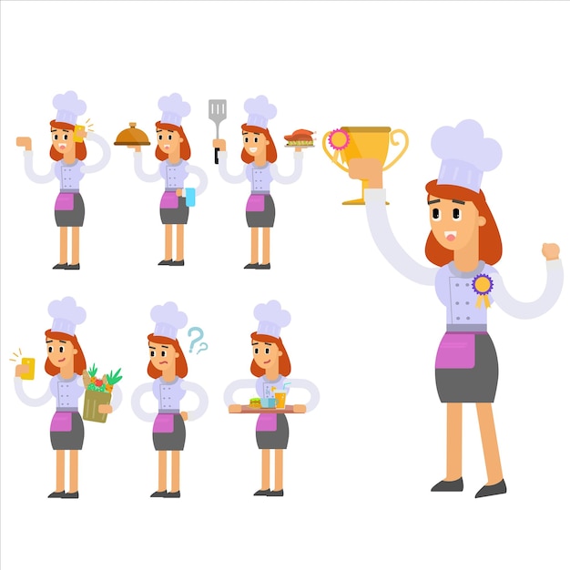 Conjunto de personajes de chefs femeninas en diferentes acciones Ilustración vectorial al estilo de dibujos animados