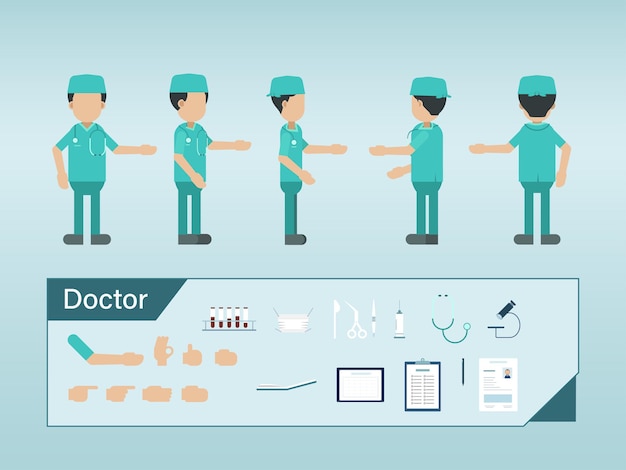 Conjunto de personajes de cirujano usan ilustración de vector de bata verde