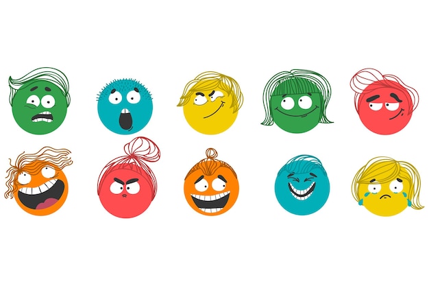 Conjunto de personajes coloridos con diferentes pelos. caras cómicas redondas con varias emociones. estilo de dibujos animados. diseño plano. dibujado a mano ilustración vectorial de moda.
