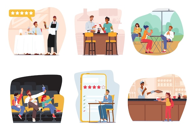 Conjunto de personajes comen y beben hombres, mujeres y niños visitando café restaurante disfrutando de palomitas de maíz en el cine personas reuniéndose con amigos en el patio al aire libre críticos gastronómicos ilustración vectorial de dibujos animados
