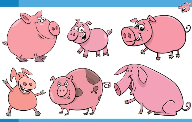 Conjunto de personajes cómicos de animales de granja de cerdos de dibujos animados divertidos