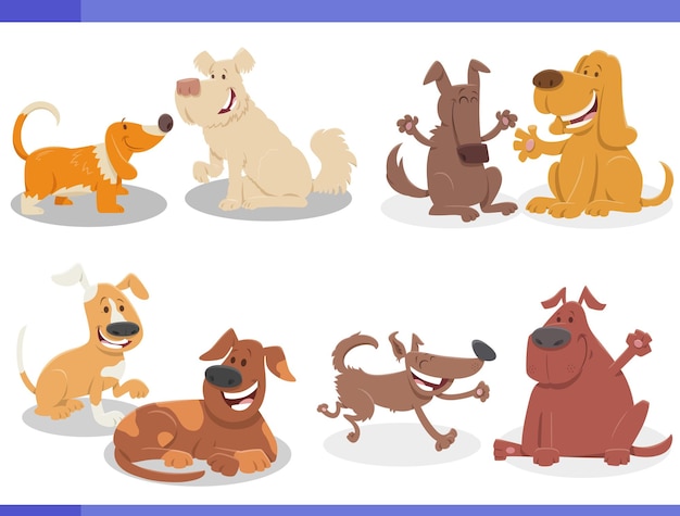 Conjunto de personajes cómicos de perros divertidos y juguetones de dibujos animados
