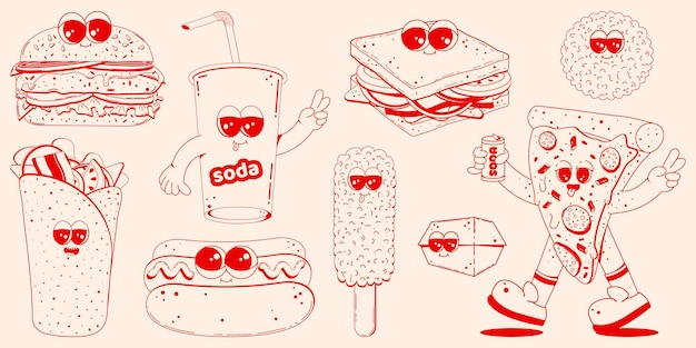 Vector conjunto de personajes de comida rápida en estilo lineal retro hamburger pizza soda hod fritas de perro