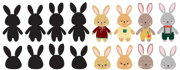 Conjunto de personajes conejos silueta diseño vector aislado