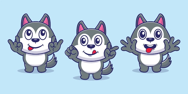 Conjunto de personajes de Cute Cartoon Husky Dog en varias poses