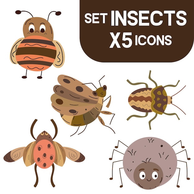 Conjunto de personajes de dibujo de insectos lindos de colores Ilustración vectorial