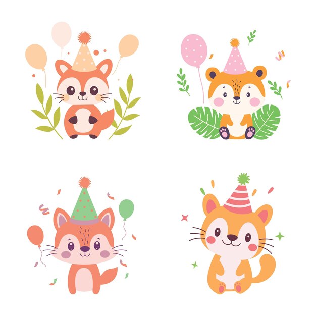 Conjunto de personajes de dibujos animados de animales lindos felices que llevan sombrero de cono celebrando la fiesta de cumpleaños