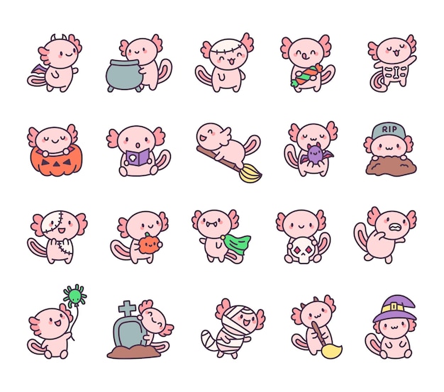 El conjunto de personajes de dibujos animados de Axolotl Halloween kawaii