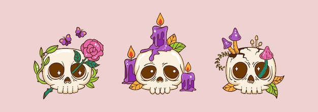 Vector conjunto de personajes de dibujos animados de calaveras espeluznantes y lindos. ilustración de vector de halloween en estilo kawaii son por