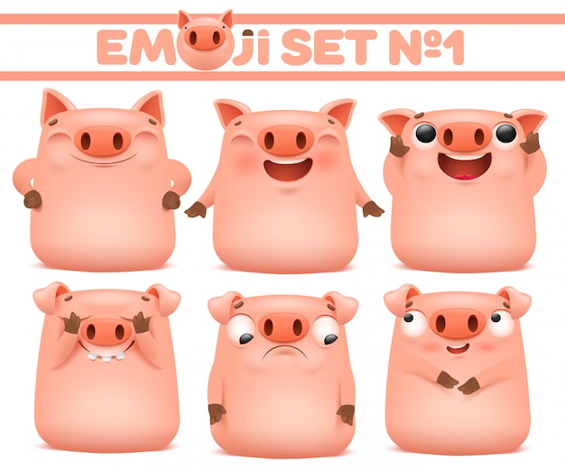 Conjunto de personajes de dibujos animados de cerdo lindo emoji en varias emociones. Ilustración vectorial