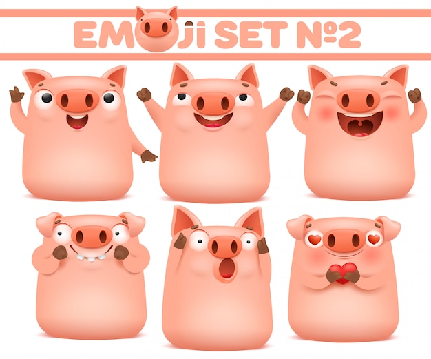 Conjunto de personajes de dibujos animados de cerdo lindo emoji en varias emociones. Ilustración vectorial