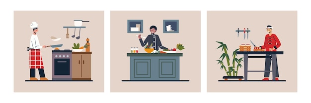 Conjunto de personajes de dibujos animados de colores de chefs profesionales en uniformes de restaurante cocinando