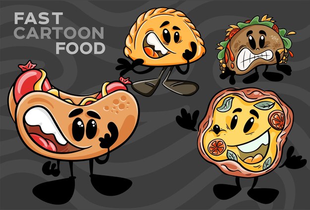 Un conjunto de personajes de dibujos animados de comida rápida Ilustración vectorial dibujada a mano