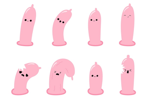 Vector conjunto de personajes de dibujos animados de condones condones de dibujos animados anticoncepción de sexo seguro cute kawaii emoji