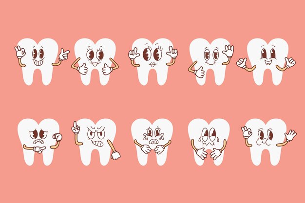 Conjunto de personajes de dibujos animados de dientes groovy divertidos molares blancos sanos con caras felices y tristes retro