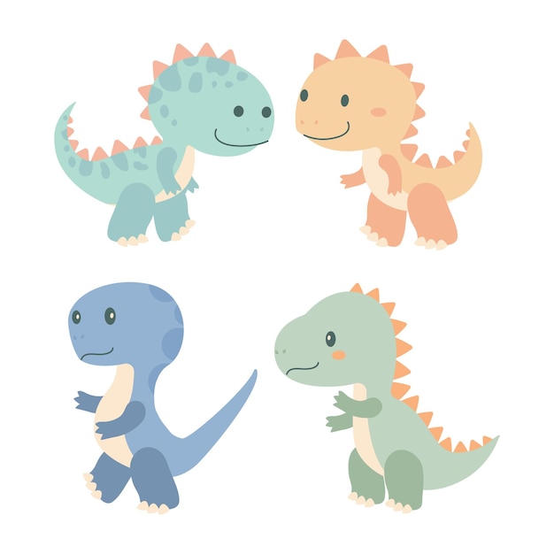 Conjunto de personajes de dibujos animados de dinosaurios felices en el bosque
