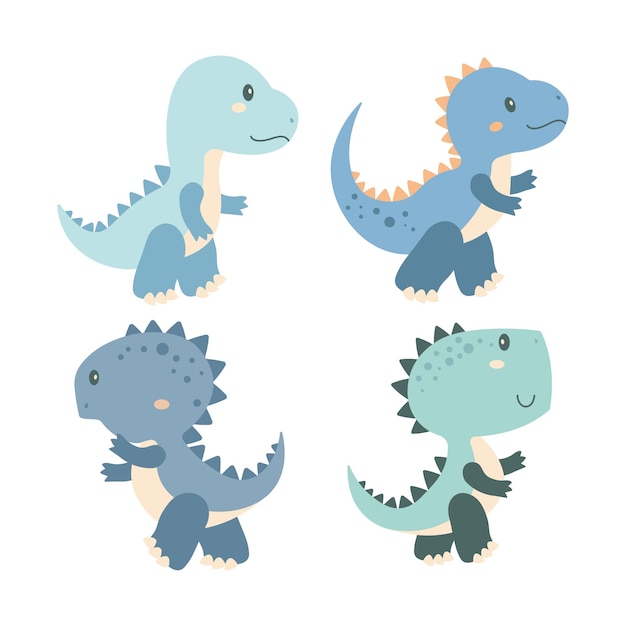 Conjunto de personajes de dibujos animados de dinosaurios felices en el bosque