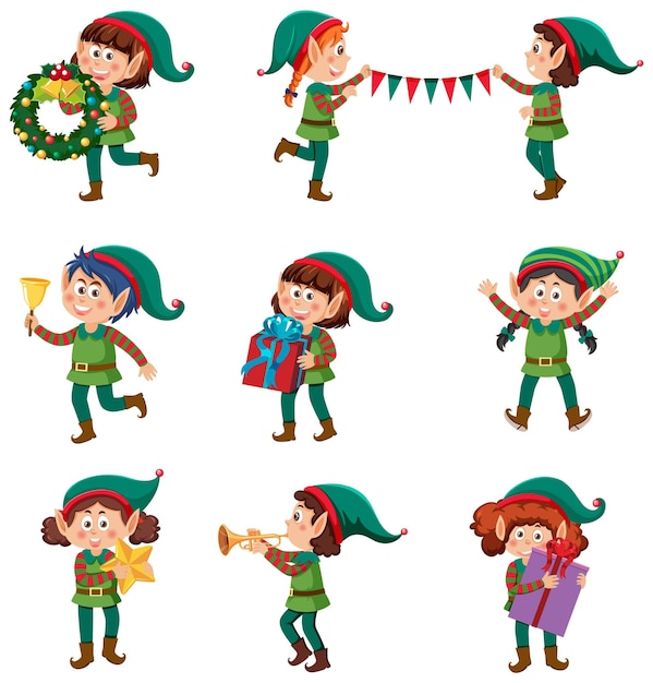 Vector conjunto de personajes de dibujos animados de duendes navideños