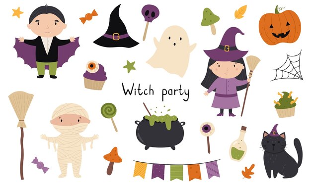 Un conjunto de personajes de dibujos animados y elementos de Halloween Ilustración vectorial