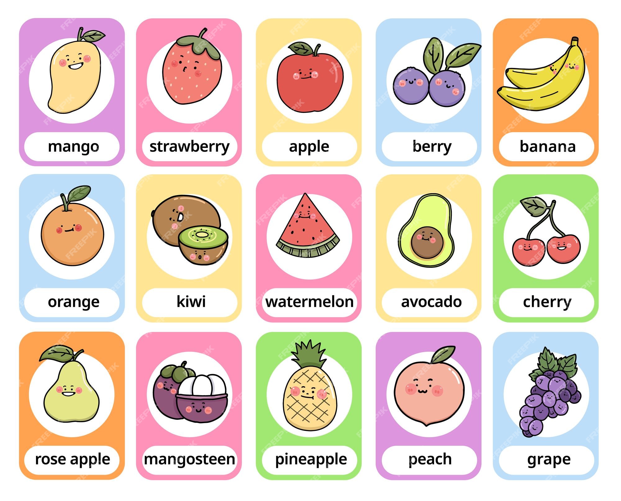 Neuropatía Danubio ponerse en cuclillas Conjunto de personajes de dibujos animados de frutas vocabulario en inglés  tarjeta rápida para niños, diseño de vectores de ilustración plana | Vector  Premium